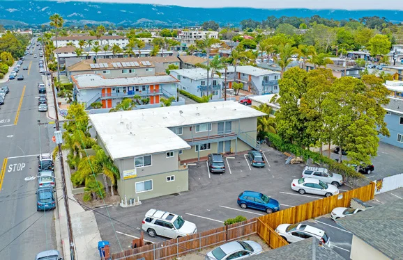 Aerial view of the 10-unit student housing building at 6597 Trigo Rd., Isla Vista